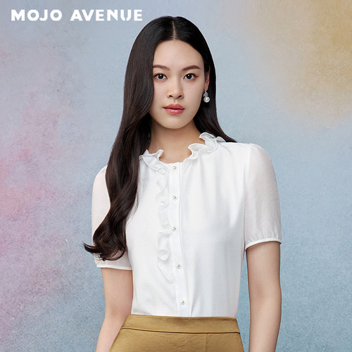 朗姿/MOJO夏新品2026宫廷风花边立领珠光纽扣短袖衬衫优雅风上衣