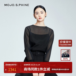 气质休闲衬衣 时尚 MOJO莫佐宽松圆领显瘦百搭黑色衬衫 2024年新款
