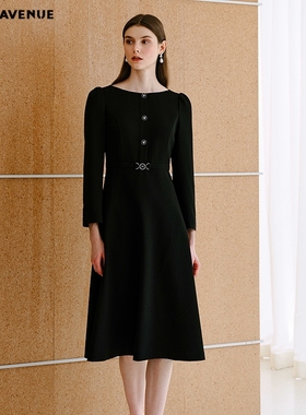 MOJO AVENUE莫佐2025新款优雅气质船领连衣裙女士秋冬职场通勤中