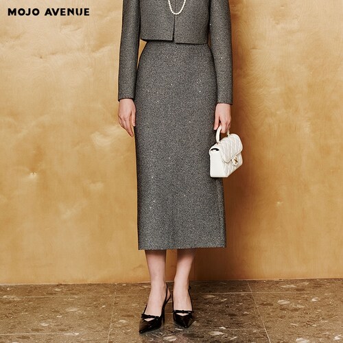 朗姿/MOJO AVENUE莫佐2026春新品经典黑白细花呢直筒长裙女H型半