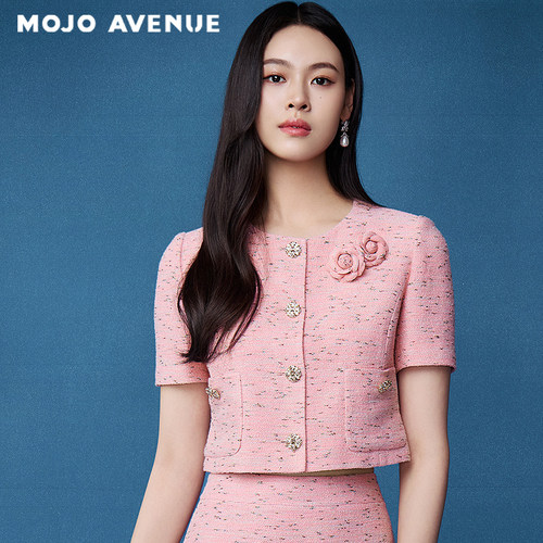 朗姿/MOJO AVENUE夏新品2026千金小香风短外套气质粉色花纱上衣