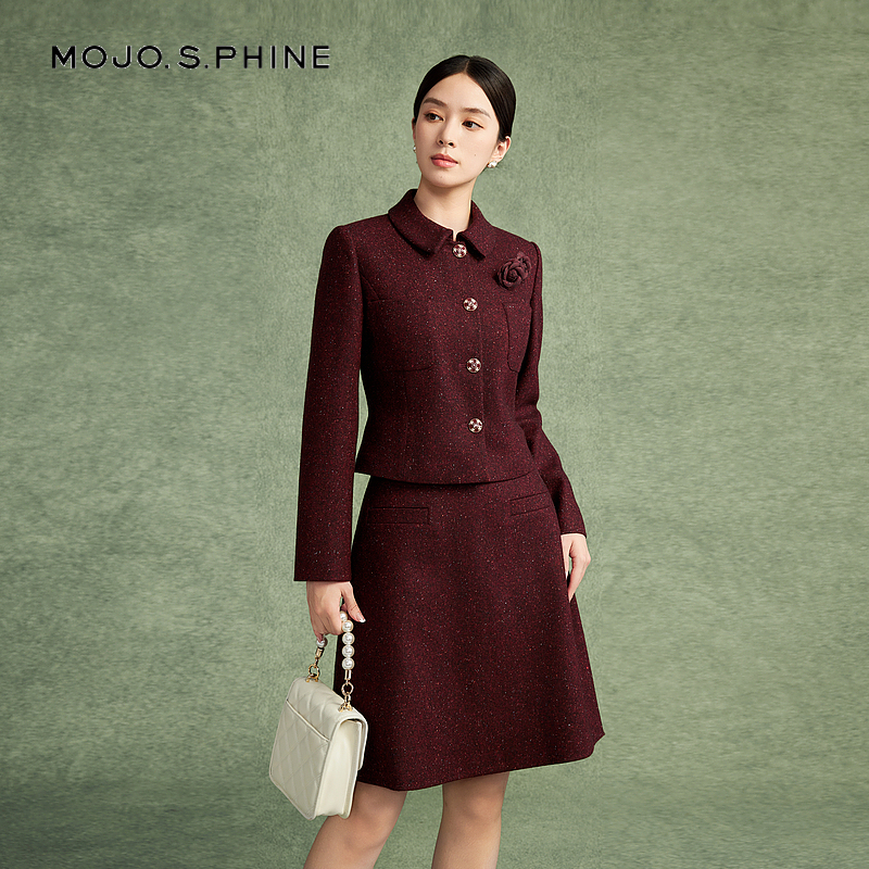 梅洛葡萄酒红蚕丝羊毛雪花半身裙