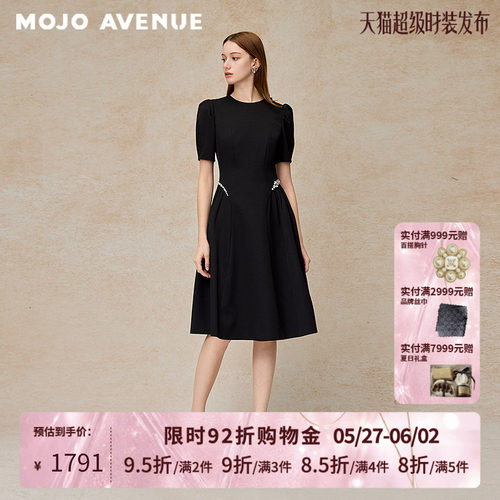 朗姿/MOJO夏新品2026复古优雅千金感小黑裙泡泡袖收腰钉珠伞摆裙