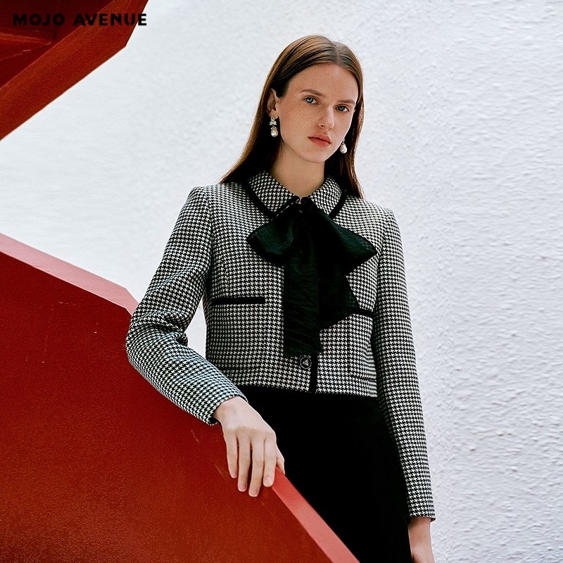 朗姿/MOJO AVENUE莫佐2026春新品复古千鸟格短外套女黑色OL优雅通,女装/女士精品,西装,淘宝优惠券,粉丝福利购,淘宝优惠卷