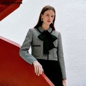 AVENUE莫佐2026春新品 朗姿 MOJO 复古千鸟格短外套女黑色OL优雅通