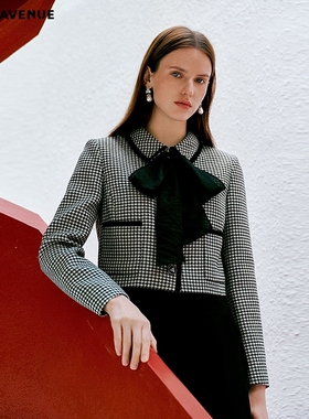 朗姿/MOJO AVENUE莫佐2026春新品复古千鸟格短外套女黑色OL优雅通
