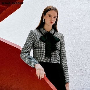 朗姿/MOJO AVENUE莫佐2026春新品复古千鸟格短外套女黑色OL优雅通