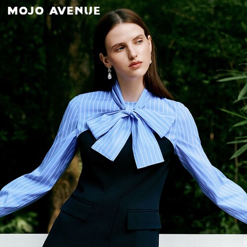 朗姿/MOJO莫佐2026春新品智感通勤拼接衬衫西装外套修身条纹撞色