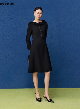 朗姿/MOJO莫佐2026春新品千金名媛假两件连衣裙蕾丝领黑色设计感