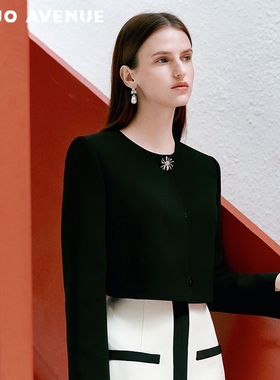 朗姿/MOJO莫佐2026春新品智感通勤轻奢箱型短外套圆领晚宴百搭黑