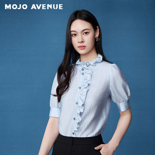 朗姿/MOJO AVENUE夏新品2026千金艺术感木耳边衬衫蓝法式短袖上衣