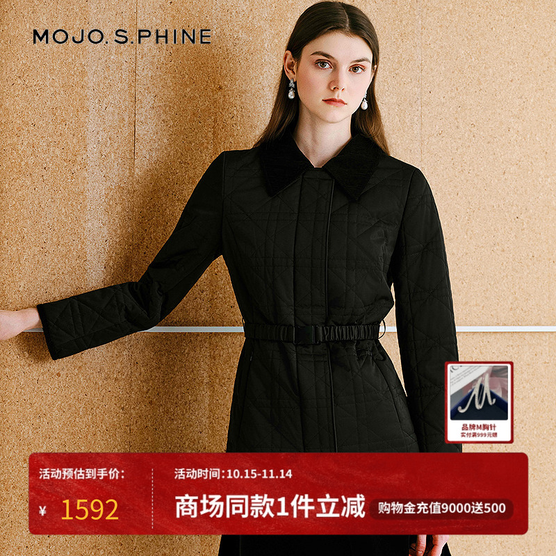 MOJO莫佐2025冬新款高定巴恩风棉服女气质黑色松紧腰带翻领棉外套