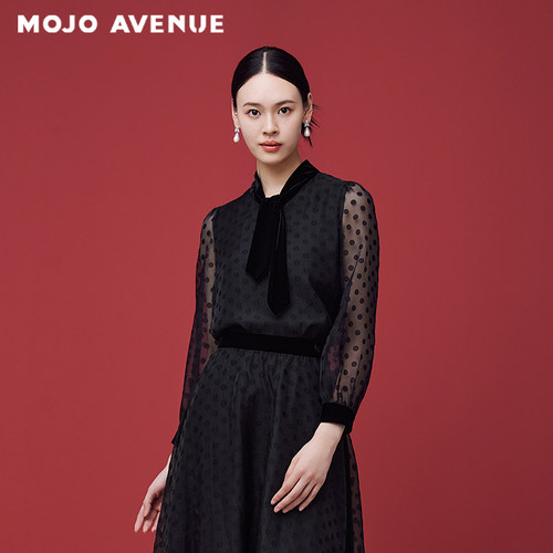 【舒心】朗姿/MOJO AVENUE莫佐法式波点衬衫女士泡泡袖飘带衬衫