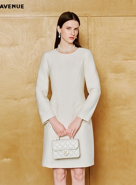 朗姿/MOJO AVENUE莫佐2026春新品简约蕾丝花纹白色收腰连衣裙女通