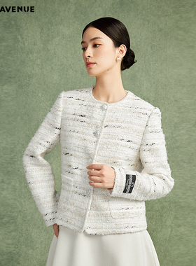 朗姿/MOJO莫佐法国粗花呢小香风短外套2024年秋冬新款一字肩