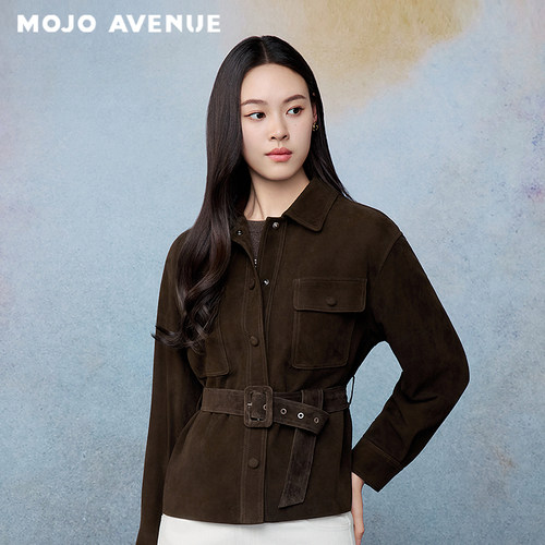 朗姿/MOJO秋新品2026复古时髦麂皮工装外套女收腰系带夹克短外套