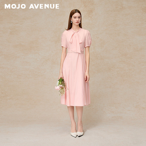 朗姿/MOJO法式千金风浪漫小翻领连衣裙韩系温柔风女神粉色长裙