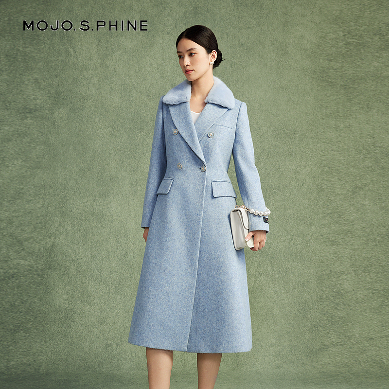 MOJO莫佐可拆卸水貂毛领毛呢外套2024年秋冬新款时尚绵羊毛大衣女