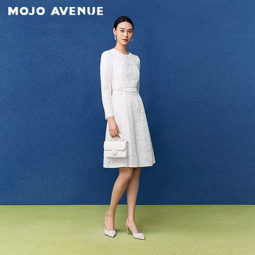 朗姿/MOJO夏新品2026法式千金优雅蕾丝收腰连衣裙白色长袖中长裙