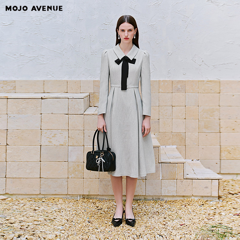 朗姿/MOJO莫佐2026春新品法式轻职场连衣裙灰色肌理飘带领中长裙