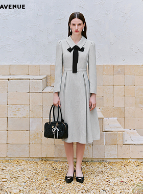 朗姿/MOJO莫佐2026春新品法式轻职场连衣裙灰色肌理飘带领中长裙