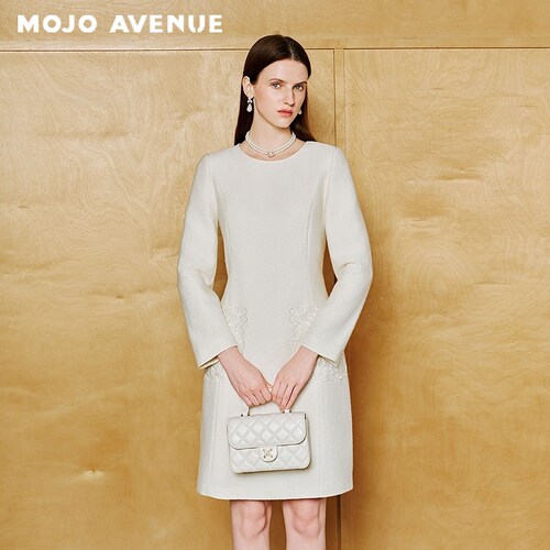 朗姿/MOJO AVENUE莫佐2026春新品简约蕾丝花纹白色收腰连衣裙女通