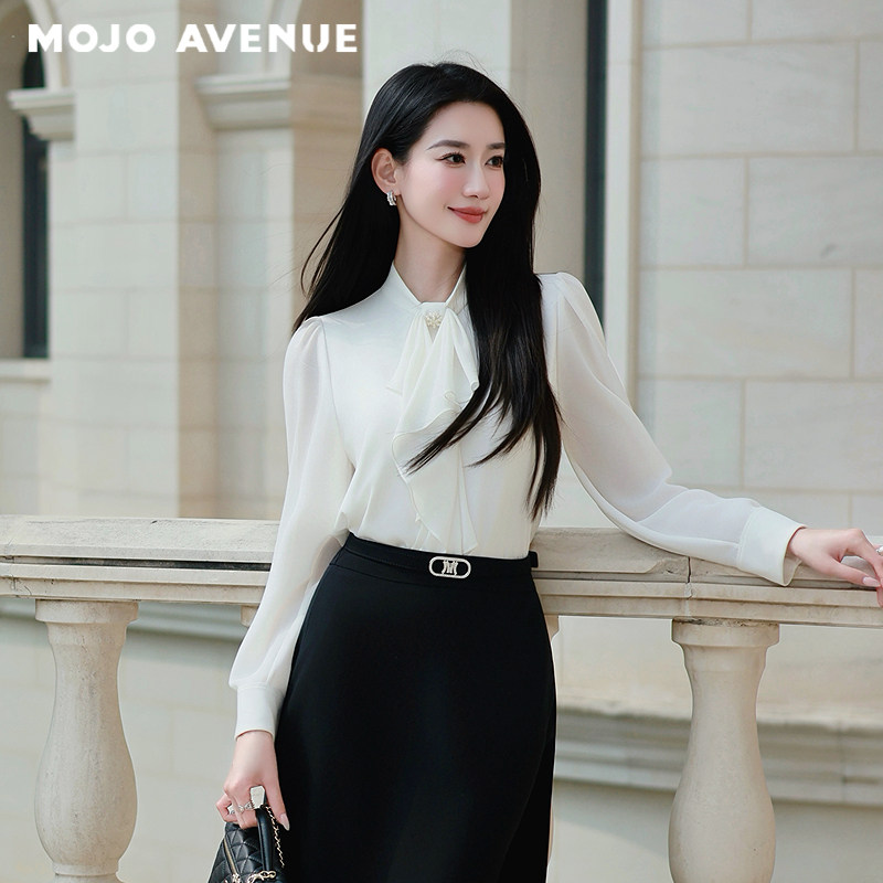 朗姿/MOJO AVENUE设计感优雅气质白衬衫职场通勤时尚千金感上衣
