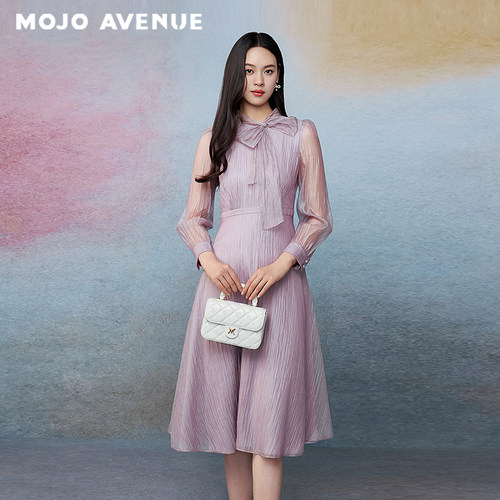 朗姿/MOJO秋新品2026优雅千金风铃紫飘带领连衣裙温柔气质衬衫裙