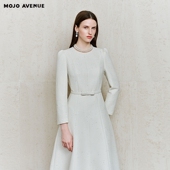 新品 朗姿 MOJO春季 2026精致花呢连衣裙女米白收腰A摆显瘦长裙