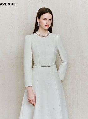 朗姿/MOJO春季新品2026精致花呢连衣裙女米白收腰A摆显瘦长裙