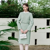 朗姿 MOJO莫佐2026春新品 赫本风假两件连衣裙淡雅绿人字纹直筒裙