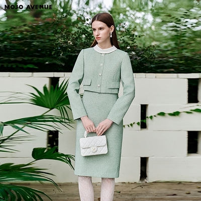 朗姿/MOJO莫佐2026春新品赫本风假两件连衣裙淡雅绿人字纹直筒裙