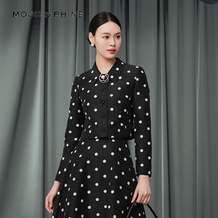 法式 MOJO莫佐2025新款 波点短外套女黑白撞色翻领收腰干练优雅上衣