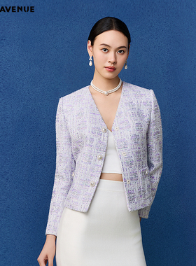 朗姿/朗姿MOJO莫佐2026春新品进口格纹粗花呢小香风短外套女V领粉