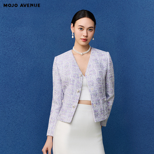 朗姿 进口格纹粗花呢小香风短外套女V领粉 朗姿MOJO莫佐2026春新品