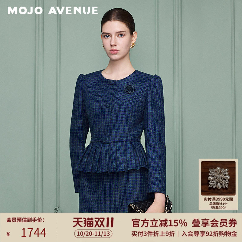 朗姿/MOJO冬新品2026轻职场千金小香风格纹收腰荷叶下摆短外套女