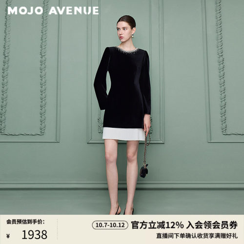 朗姿/MOJO时尚气质轻奢收腰圆领丝绒A字连衣裙女2026年冬季新款