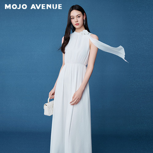 【黄圣依】朗姿/MOJO夏新款山茶花飘带仙女裙无袖收腰度假连衣裙