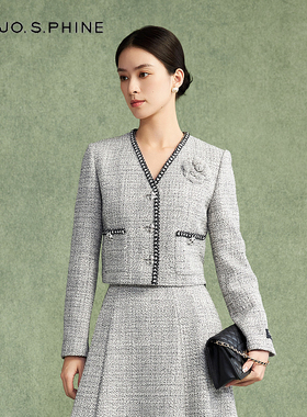 朗姿/MOJO莫佐粗花呢浪漫箱型短外套2024年新款山茶花时尚肌