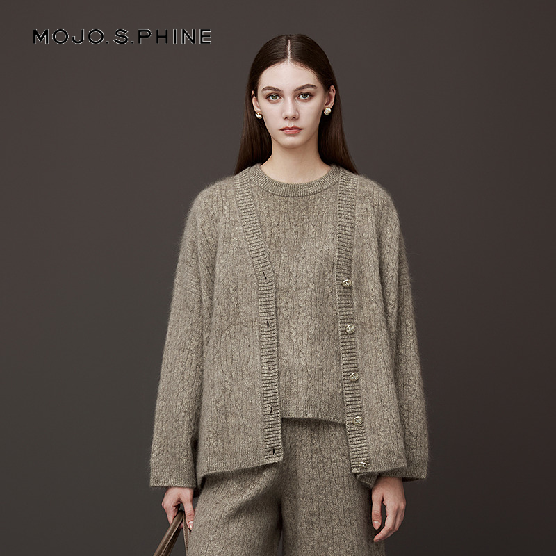 MOJO莫佐耗牛绒宽松慵懒风落肩袖针织开衫2025新款毛衣外套朗姿