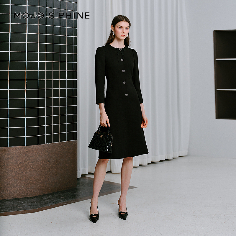 MOJO莫佐2025新款气质长袖连衣裙女职场通勤晚宴收腰显瘦连衣裙黑
