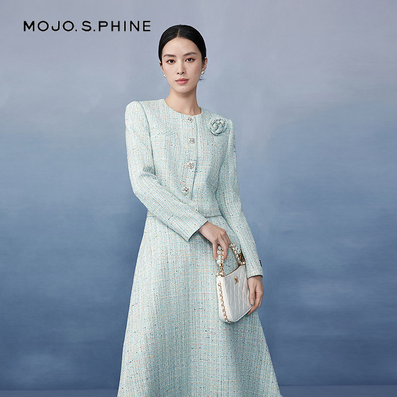 MOJO莫佐清新小香风半身裙2025年早春新款A字裙收腰显瘦伞长裙