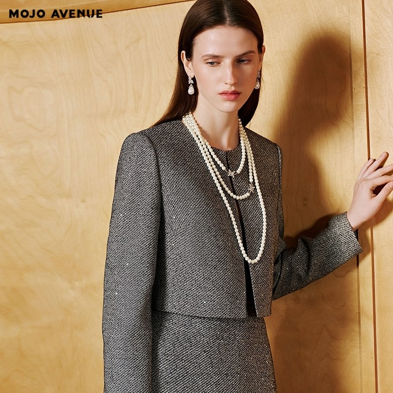 朗姿/MOJO AVENUE莫佐2026春新品经典黑白细花呢短外套女气质通勤,女装/女士精品,短外套,淘宝优惠券,粉丝福利购,淘宝优惠卷