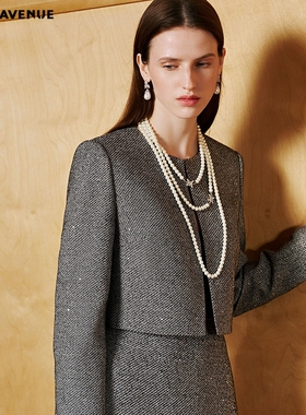 朗姿/MOJO AVENUE莫佐2026春新品经典黑白细花呢短外套女气质通勤