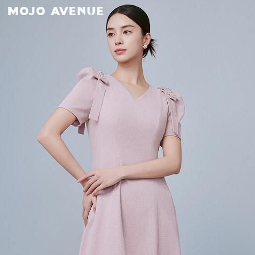 朗姿/MOJO AVENUE莫佐简约大方蝴蝶结袖连衣裙2025新款V领修