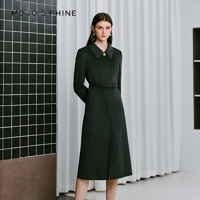 MOJO莫佐2025冬新品智感女士中长款大衣高级感灰色翻领收腰大衣