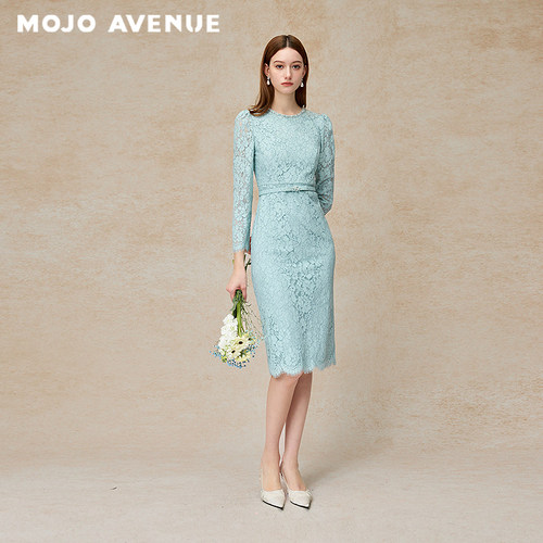 朗姿/MOJO莫佐2026夏新品薄荷曼波镂空蕾丝连衣裙通勤约会轻礼服