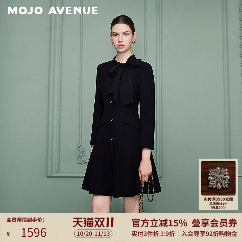 朗姿/MOJO冬新品2026韩系千金风飘带领西装裙黑中长A字收腰连衣裙