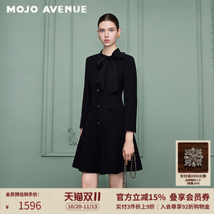 朗姿/MOJO冬新品2026韩系千金风飘带领西装裙黑中长A字收腰连衣裙