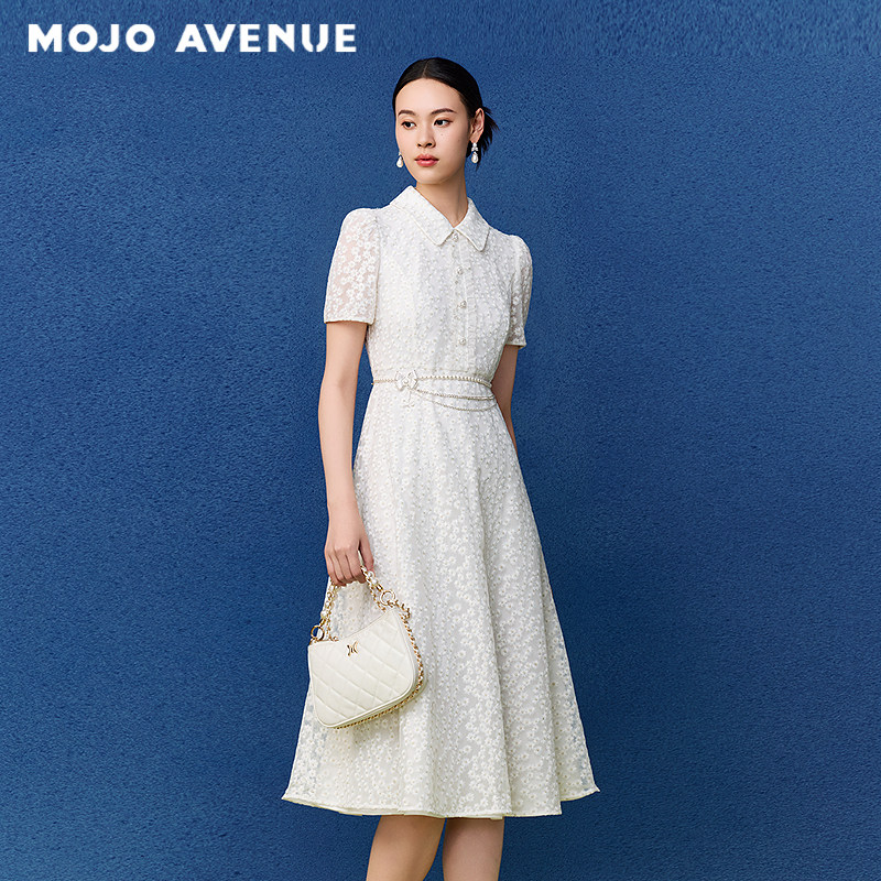 朗姿/MOJO夏新品2026法式千金浪漫蕾丝收腰连衣裙白色优雅伞摆裙